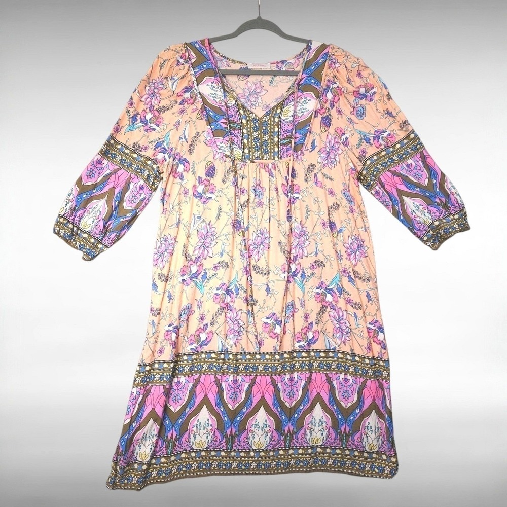Boho Peasant Floral Paisley Border Midi Dress Long Sleeve Tassel Tie Womens L